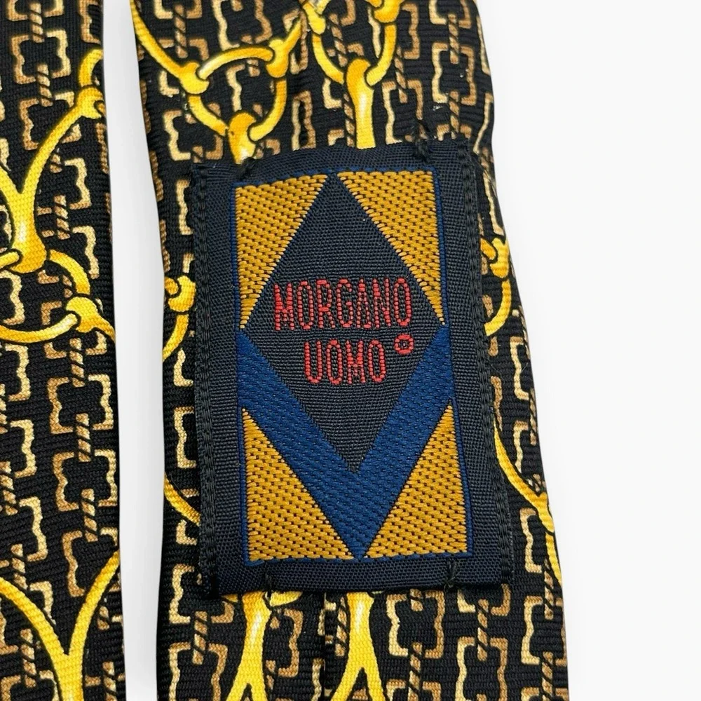 Morgano Uomo Neck Tie Black Gold Yellow Silk Made In Italy Chains Equestrian 60